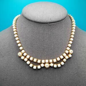 Vintage Milk Glass Beaded Choker Necklace, Gold Plated, 1960s, 15 1/2"